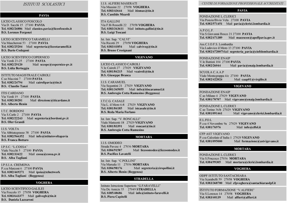 so Mazzini 7 27100 PAVIA Tel. 0382/24794 Mail cairolipavia@tin.it D.S. Claudio Tanzi ITIS CARDANO Via Verdi 19 27100 PAVIA Tel. 0382/30281 Mail direzione@iticardano.it D.S. Alberto Henin I.T.C. BORDONI Via S.