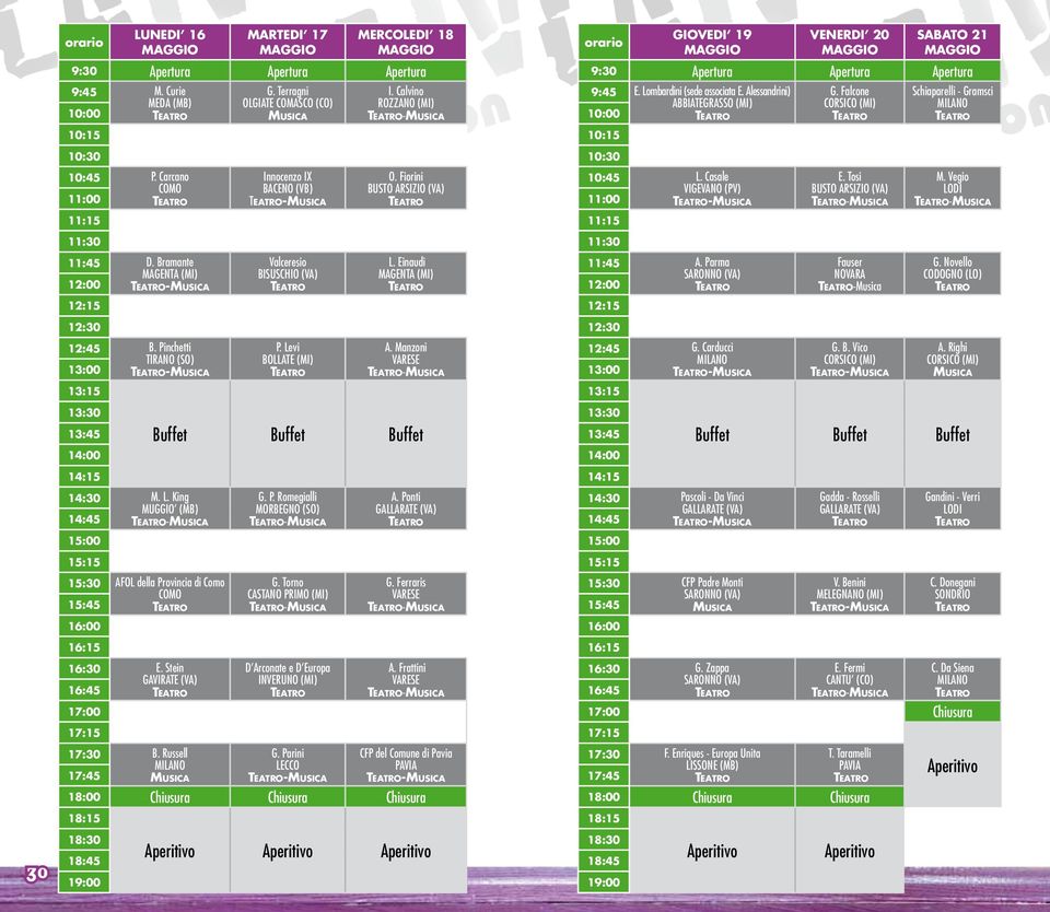 Pinchetti TIRANO (SO) -Musica Buffet M. L. King MUGGIO (MB) -Musica AFOL della Provincia di Como COMO E. Stein GAVIRATE (VA) B. Russell Musica G.