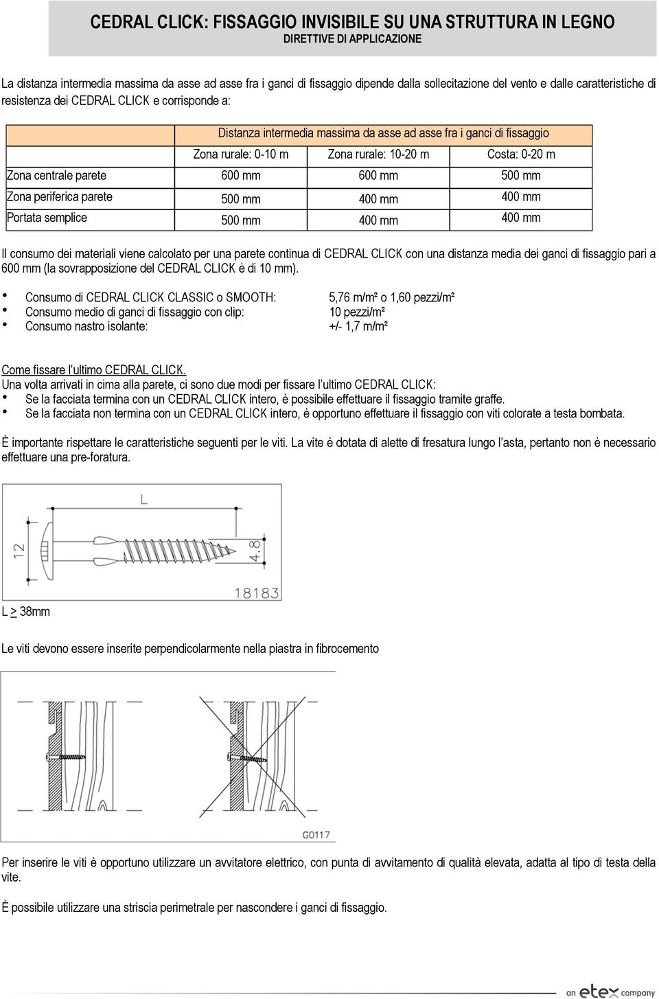 mm Portata semplice 500 mm 400 mm 400 mm Il consumo dei materiali viene calcolato per una parete continua di CEDRAL CLICK con una distanza media dei ganci di fissaggio pari a 600 mm (la