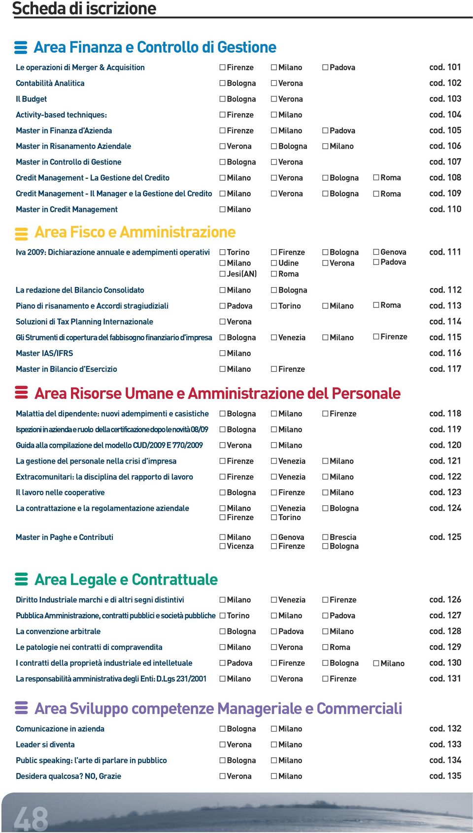 105 Master in Risanamento Aziendale Verona Bologna Milano cod. 106 Master in Controllo di Gestione Bologna Verona cod. 107 Credit Management - La Gestione del Credito Milano Verona Bologna Roma cod.