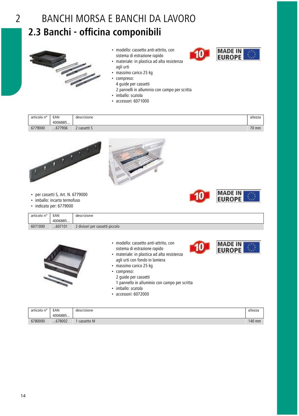 cassetti 2 pannelli in alluminio con campo per scritta imballo: scatola accessori: 6071000 altezza 6779000...677906 2 cassetti S 70 mm per cassetti S, Art. N.