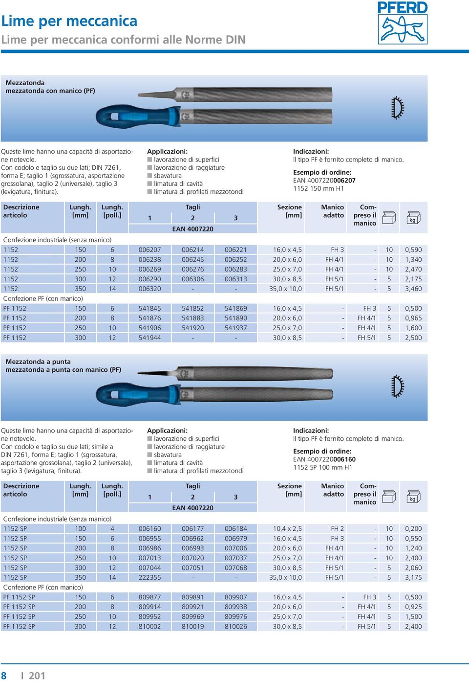 Applicazioni: lavorazione di superfici lavorazione di raggiature sbavatura limatura di cavità limatura di profilati mezzotondi Indicazioni: Il tipo PF è fornito completo di manico.