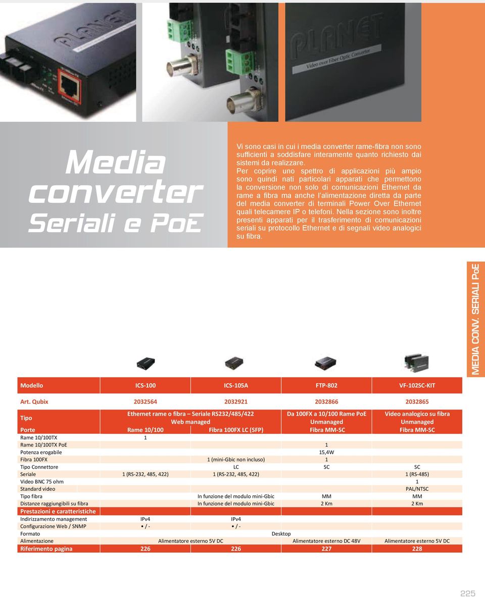 Nella sezione sono inoltre presenti apparati per il trasferimento di comunicazioni seriali su protocollo Ethernet e di segnali video analogici MEDIA CONVERTER SPECIALI MEDIA CONV.