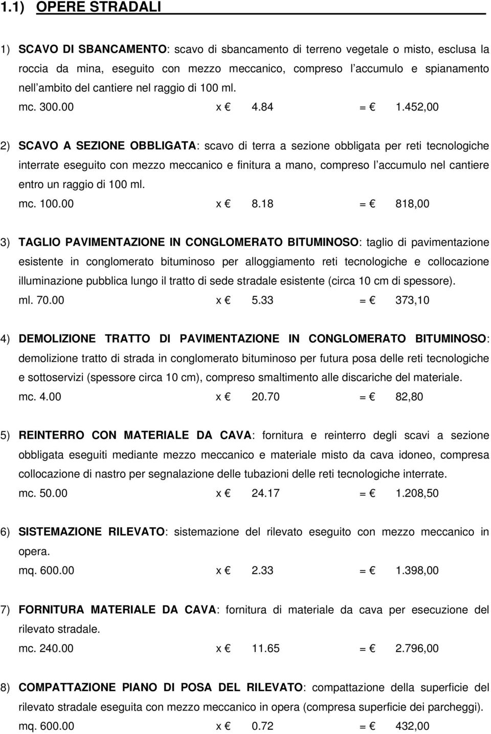 452,00 2) SCAVO A SEZIONE OBBLIGATA: scavo di terra a sezione obbligata per reti tecnologiche interrate eseguito con mezzo meccanico e finitura a mano, compreso l accumulo nel cantiere entro un