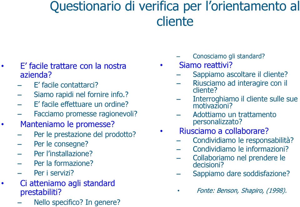 Nello specifico? In genere? Conosciamo gli standard? Siamo reattivi? Sappiamo ascoltare il cliente? Riusciamo ad interagire con il cliente? Interroghiamo il cliente sulle sue motivazioni?