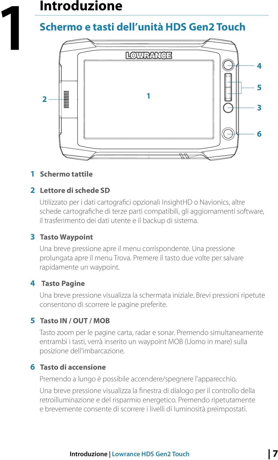 Una pressione prolungata apre il menu Trova. Premere il tasto due volte per salvare rapidamente un waypoint. 4 Tasto Pagine Una breve pressione visualizza la schermata iniziale.