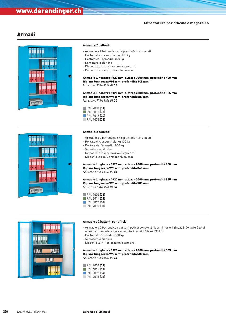 altezza 2000 mm, profondità 555 mm Ripiano lunghezza 995 mm, profondità 500 mm F AA 1400 01 04 Armadi a 2 battenti Armadio a 2 battenti con 4 ripiani inferiori zincati Portata di ciascun ripiano: 100