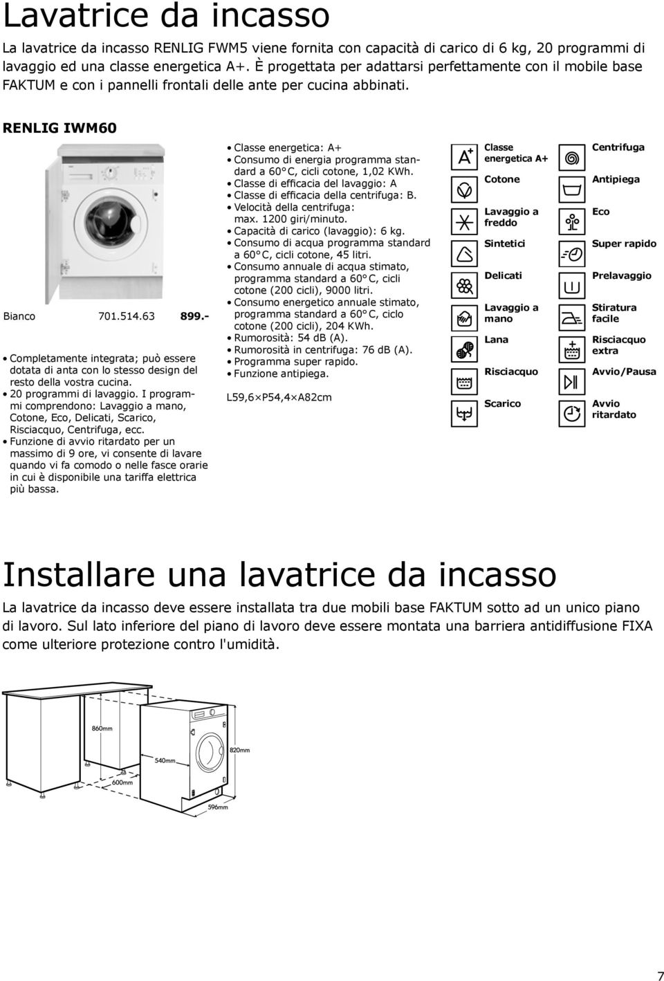 - Completamente integrata; può essere dotata di anta con lo stesso design del resto della vostra cucina. 20 programmi di lavaggio. I programmi comprendono: mano,,,,,,, ecc.