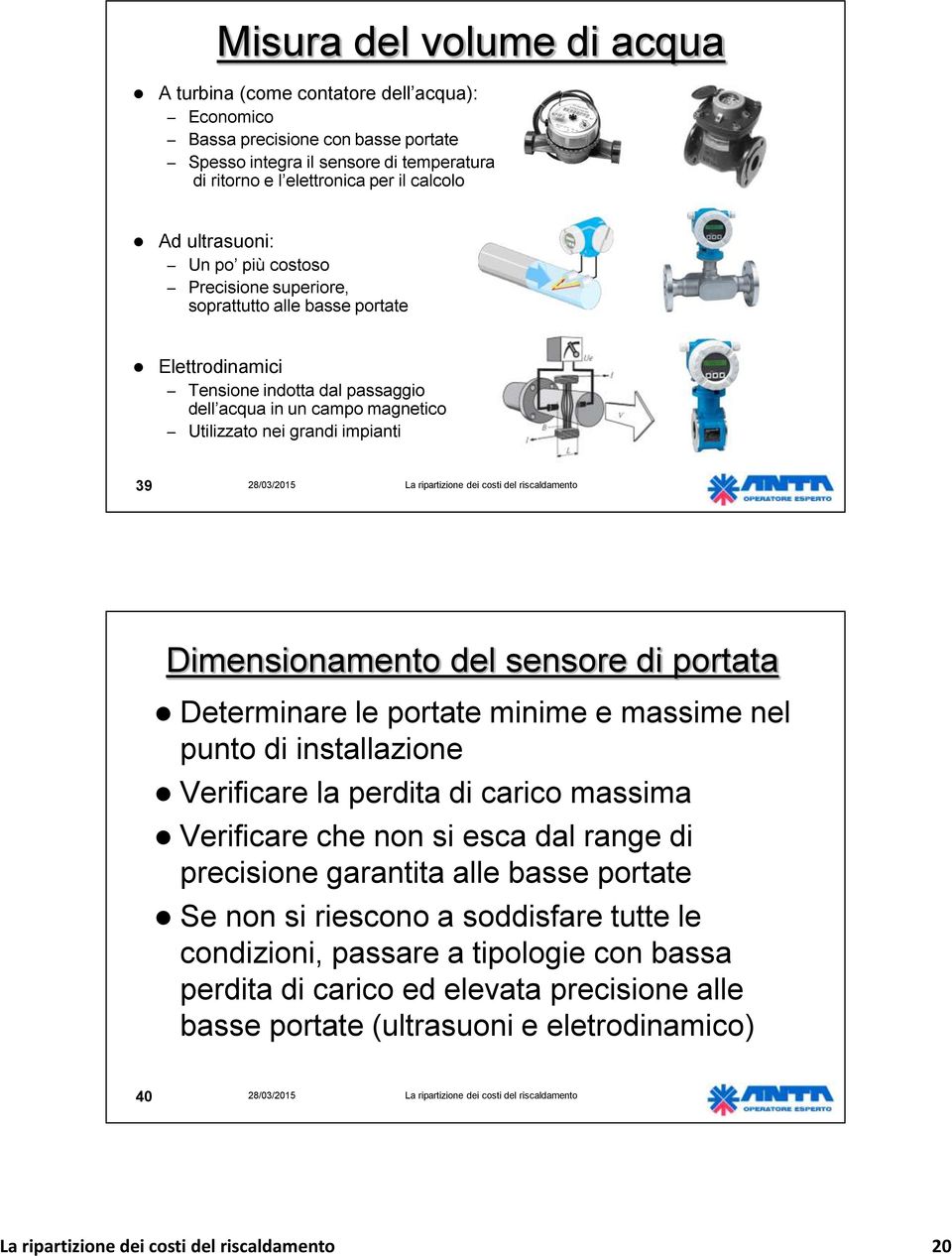 Dimensionamento del sensore di portata Determinare le portate minime e massime nel punto di installazione Verificare la perdita di carico massima Verificare che non si esca dal range di precisione