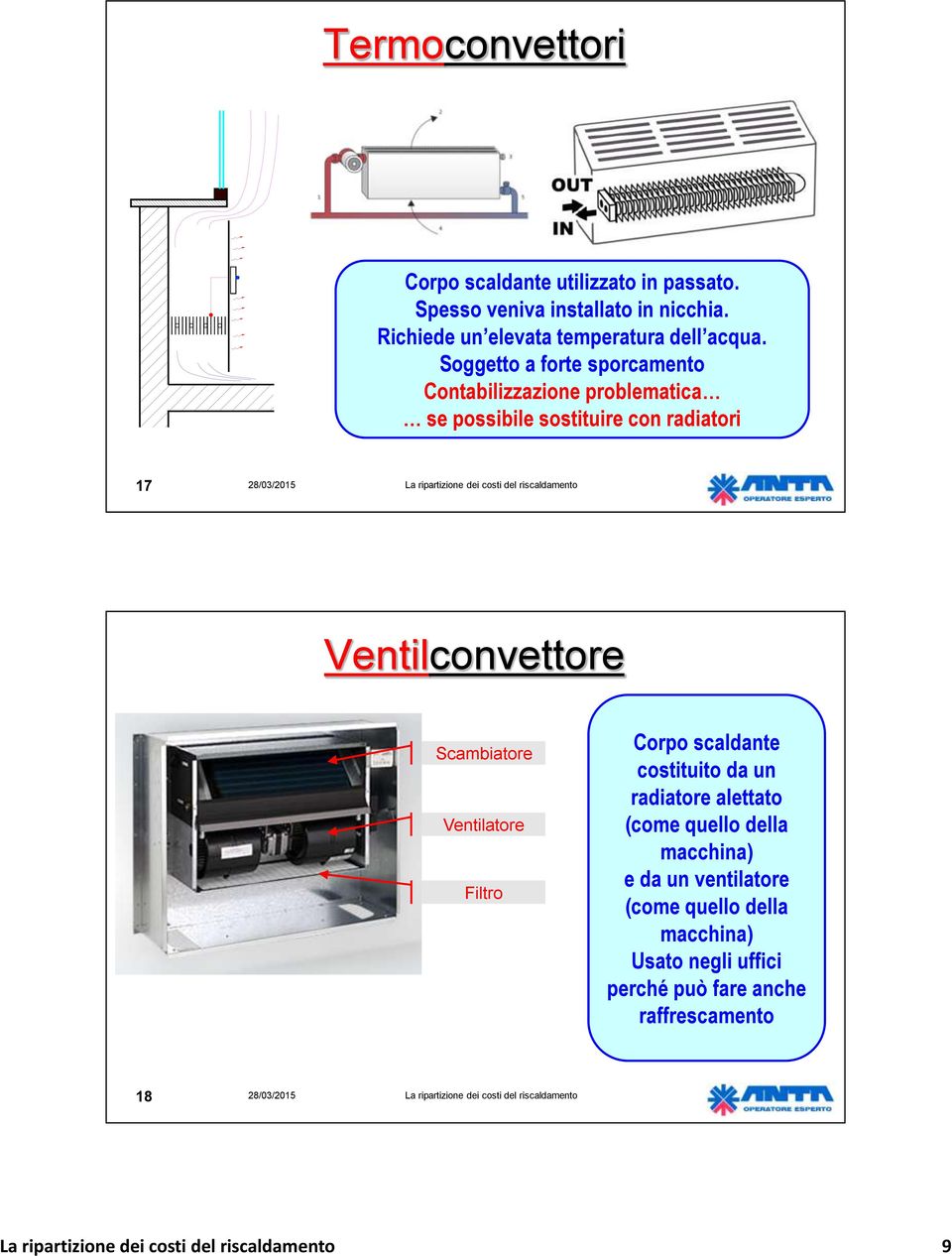 Soggetto a forte sporcamento Contabilizzazione problematica se possibile sostituire con radiatori 17 Ventilconvettore Scambiatore