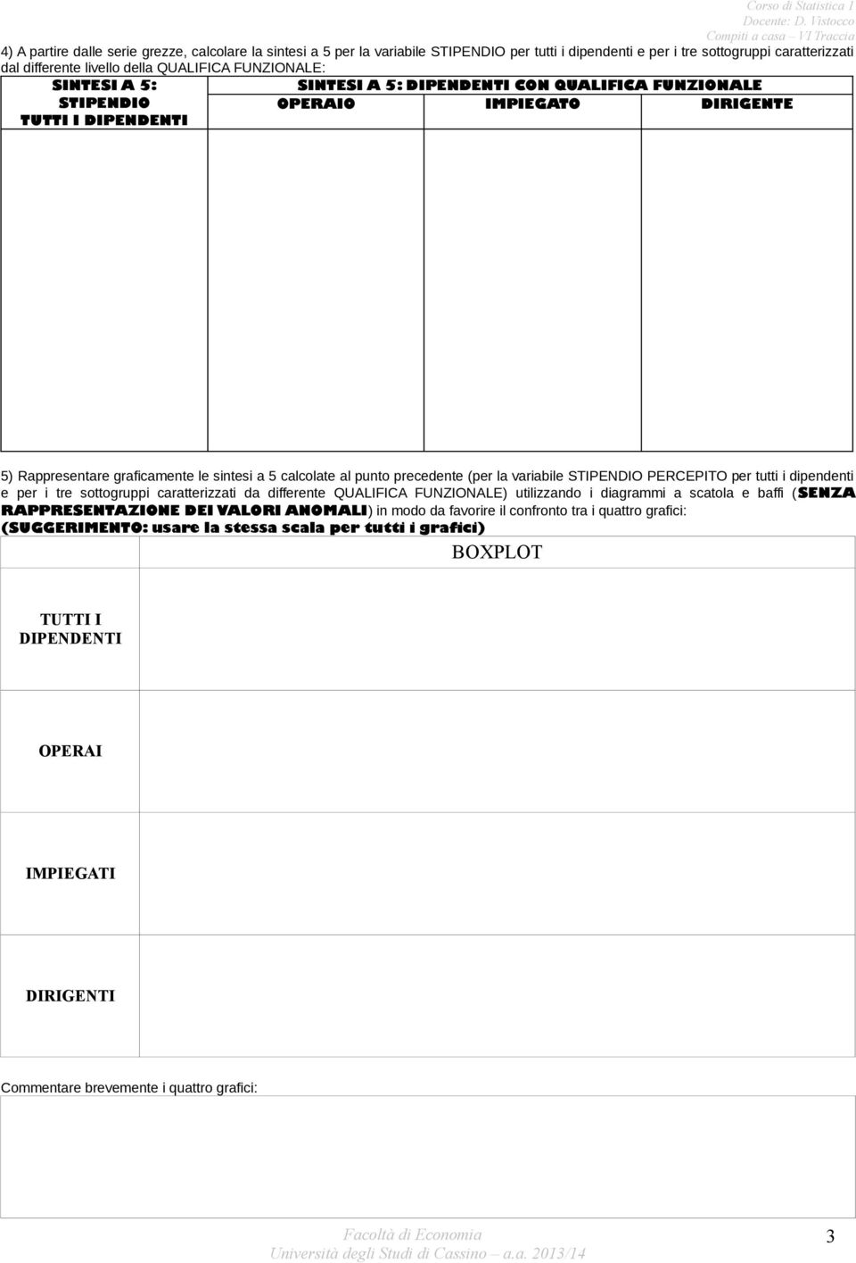 per tutti i dipendenti e per i tre sottogruppi caratterizzati da differente ) utilizzando i diagrammi a scatola e baffi (SENZA RAPPRESENTAZIONE DEI VALORI ANOMALI) in modo da favorire