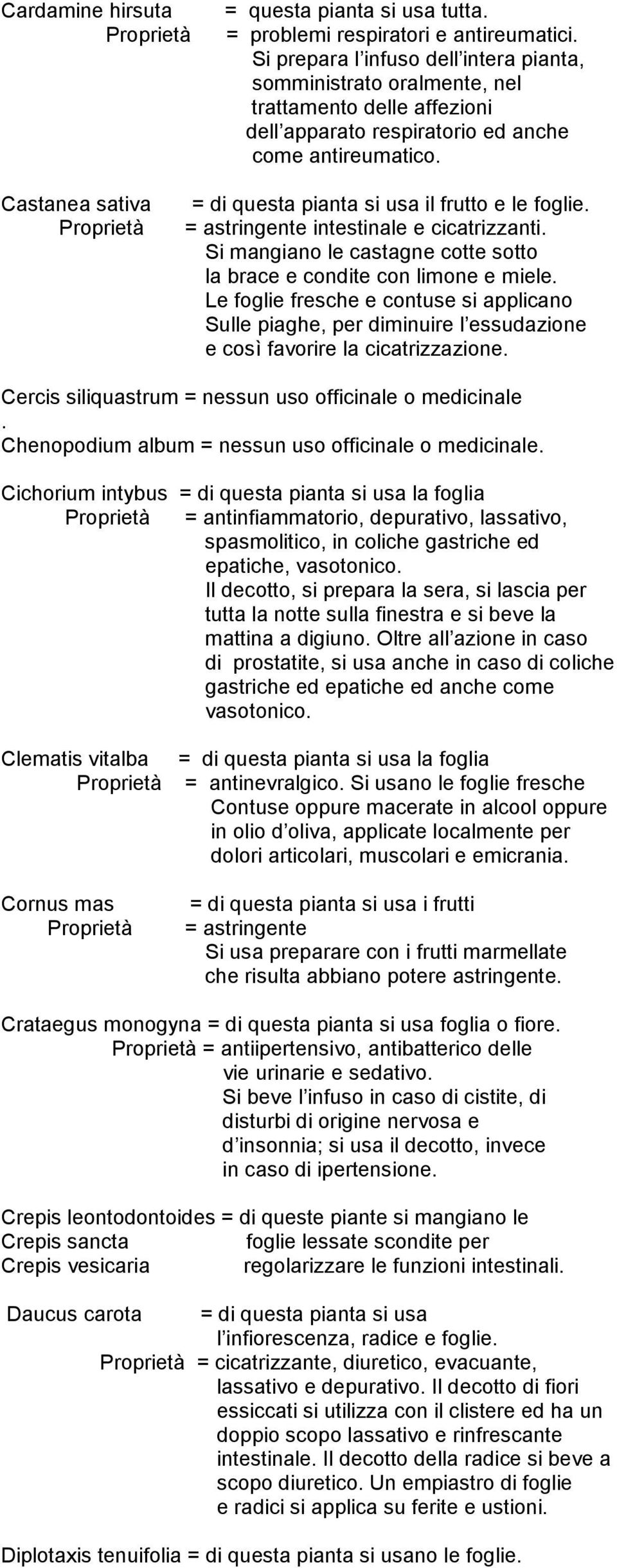 Castanea sativa = di questa pianta si usa il frutto e le foglie. = astringente intestinale e cicatrizzanti. Si mangiano le castagne cotte sotto la brace e condite con limone e miele.