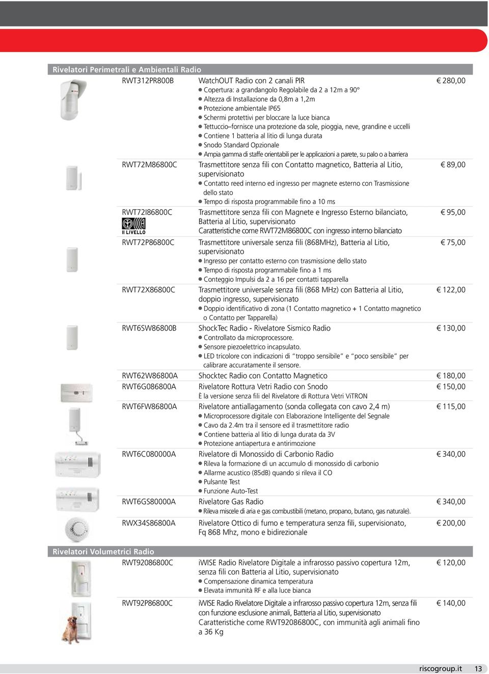 Opzionale Ampia gamma di staffe orientabili per le applicazioni a parete, su palo o a barriera RWT72M86800C Trasmettitore senza fili con Contatto magnetico, Batteria al Litio, 89,00 supervisionato