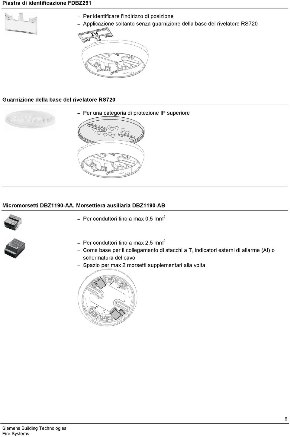 Morsettiera ausiliaria DBZ1190AB Per conduttori fino a max 0,5 mm 2 Per conduttori fino a max 2,5 mm 2 Come base per il collegamento