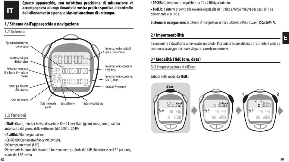 1 Schema Spia funzionamento cronometro Contatore di giri, di ripetizioni Richiamo memoria: il + lento, il + veloce, medio, Spia tipo di conto alla rovescia Informazioni principali ora e cronometro