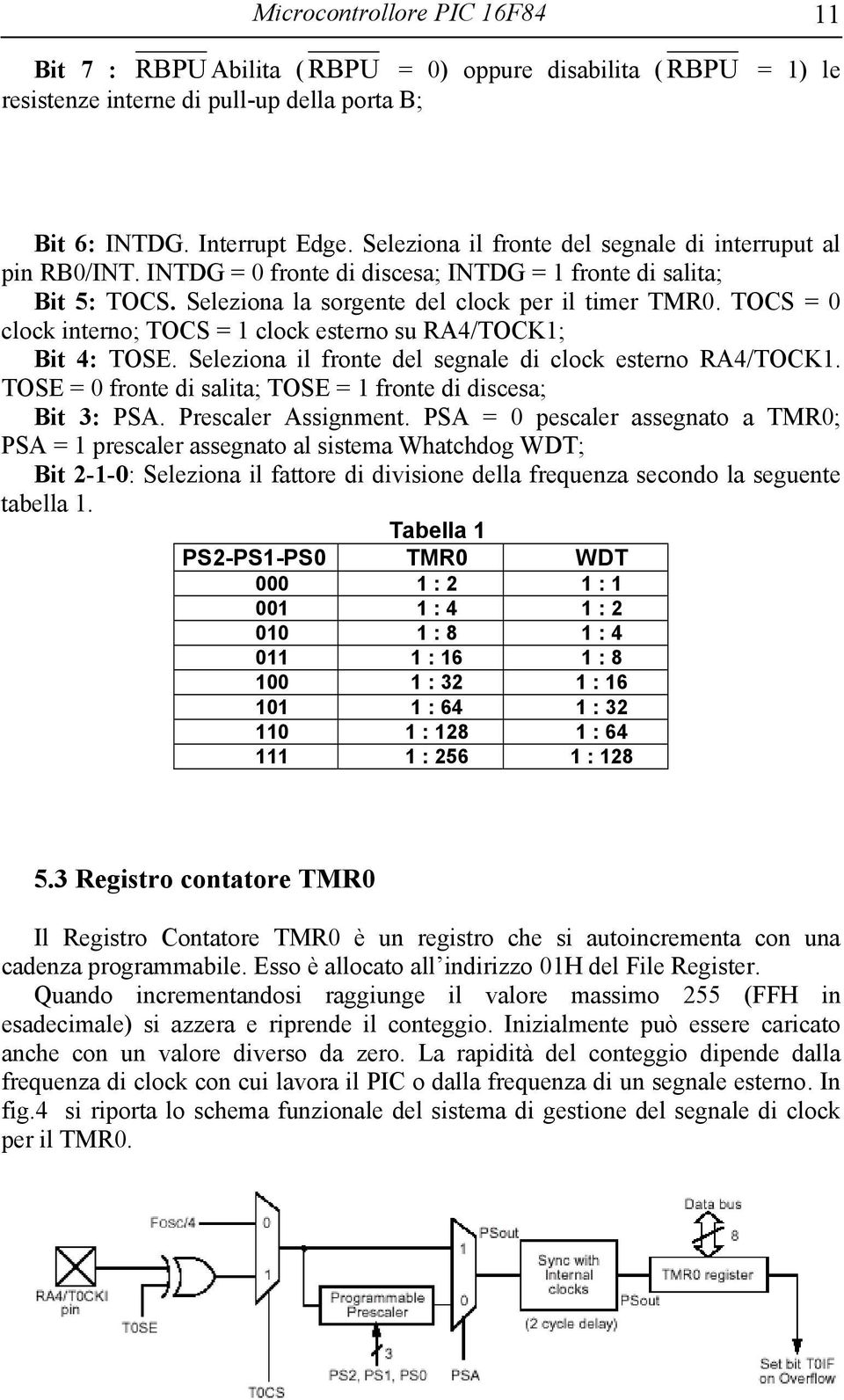 TOCS = 0 clock interno; TOCS = 1 clock esterno su RA4/TOCK1; Bit 4: TOSE. Seleziona il fronte del segnale di clock esterno RA4/TOCK1. TOSE = 0 fronte di salita; TOSE = 1 fronte di discesa; Bit 3: PSA.