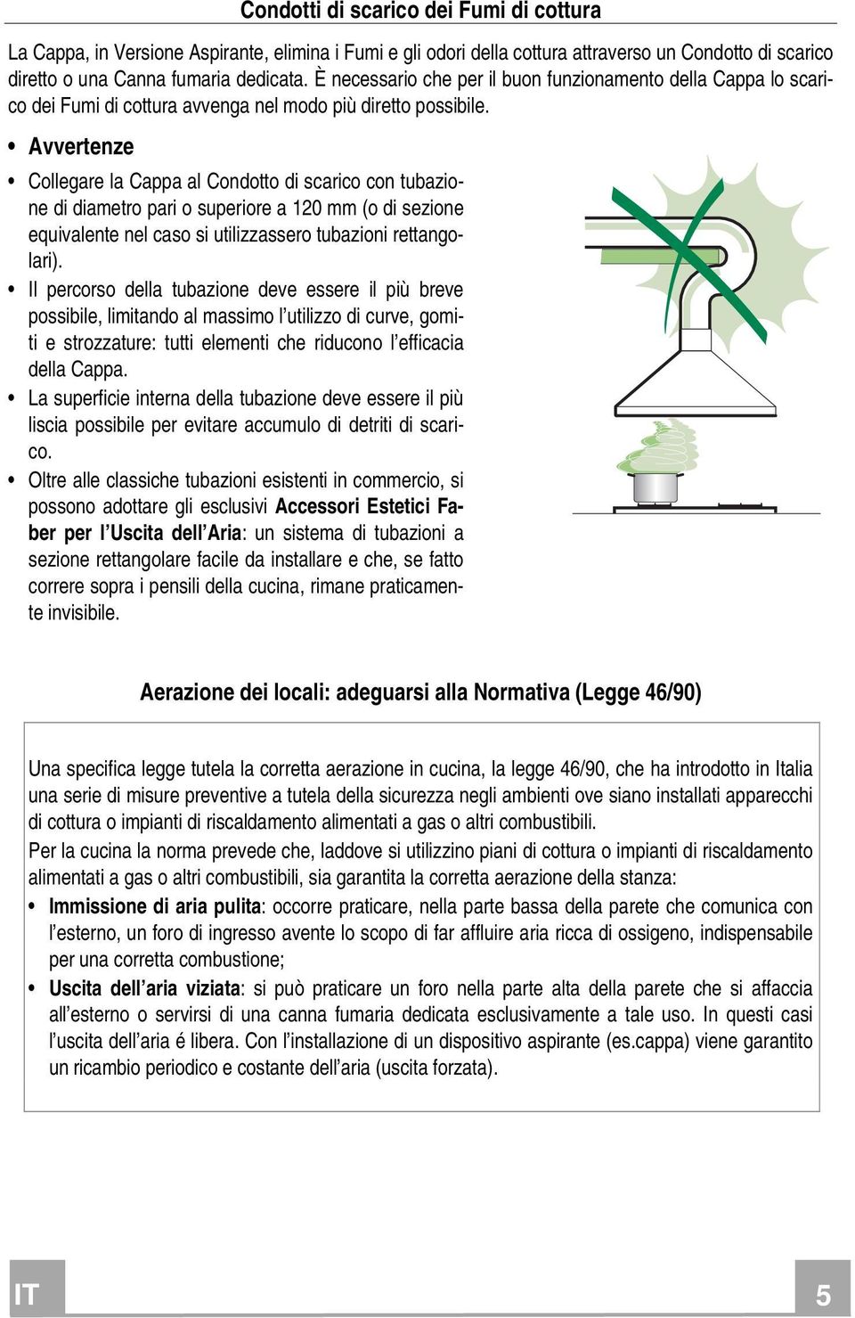 Avvertenze Collegare la Cappa al Condotto di scarico con tubazione di diametro pari o superiore a 120 mm (o di sezione equivalente nel caso si utilizzassero tubazioni rettangolari).