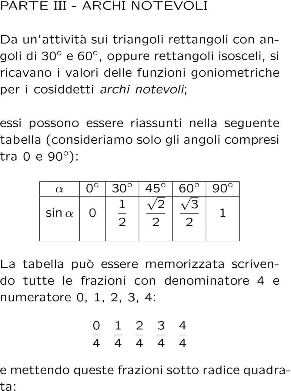 tabella (consideriamo solo gli angoli compresi tra 0 e 90 ): α 0 30 5 60 90 1 2 3 sin α 0 1 2 2 2 La tabella può essere