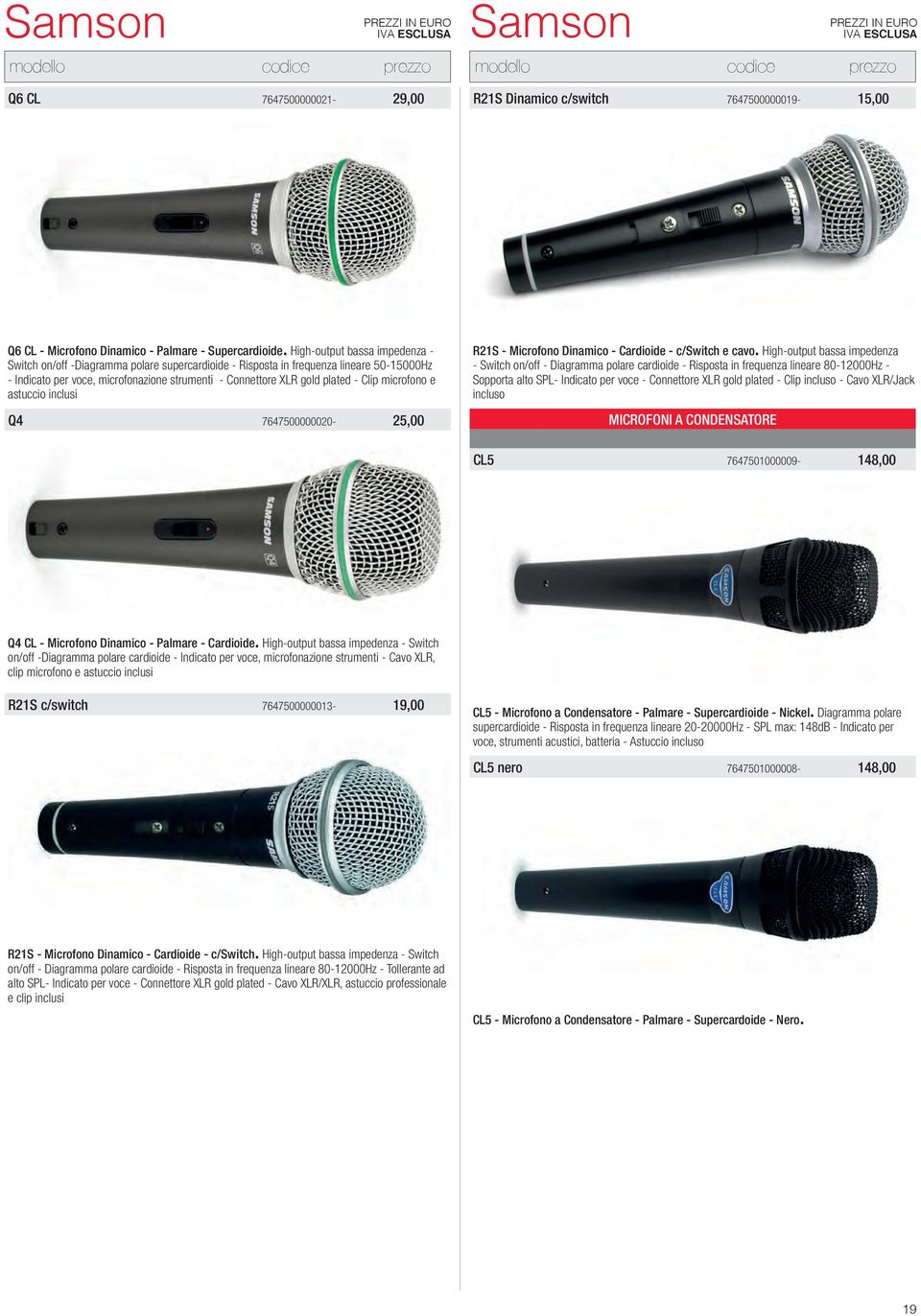 Clip microfono e astuccio inclusi Q4 7647500000020-25,00 R21S - Microfono Dinamico - Cardioide - c/switch e cavo.