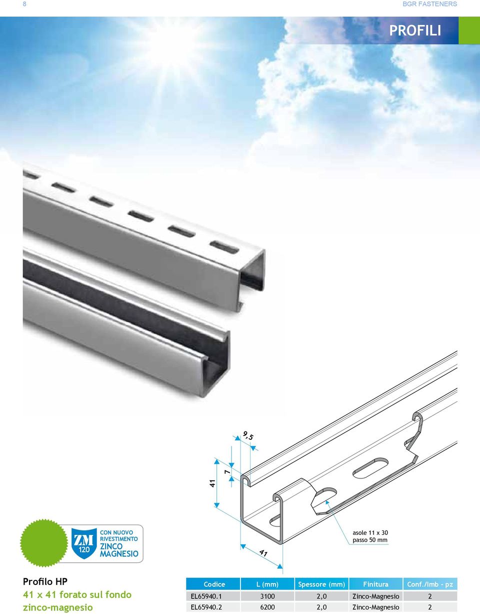 41 forato sul fondo zinco-magnesio Codice L (mm) Spessore (mm) Finitura