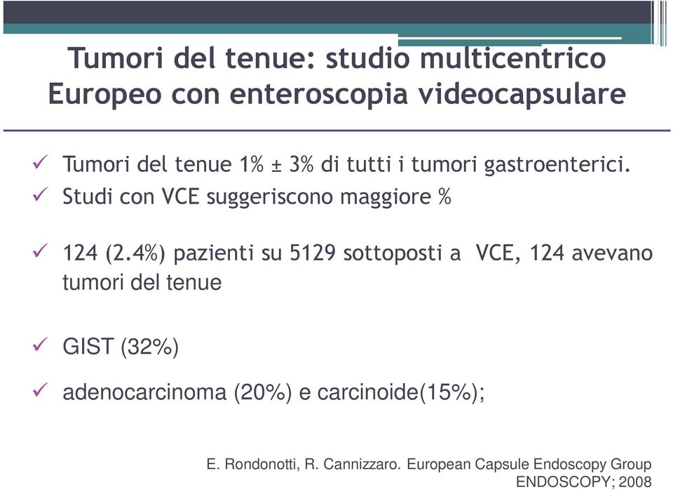 4%) pazienti su 5129 sottoposti a VCE, 124 avevano tumori del tenue GIST (32%) adenocarcinoma