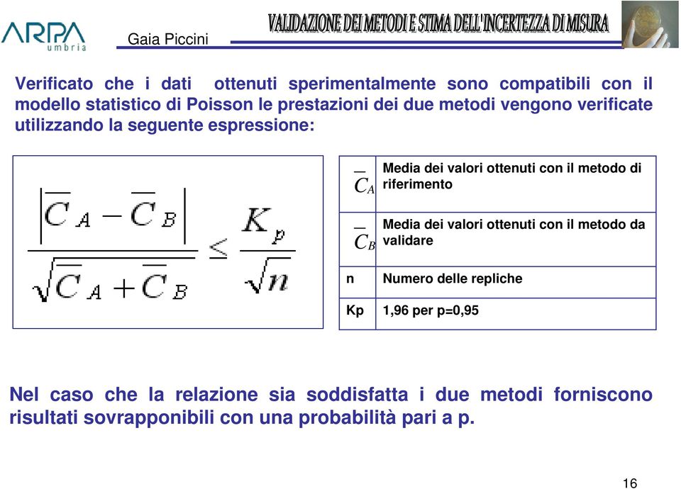 metodo di riferimento Media dei valori ottenuti con il metodo da validare Numero delle repliche 1,96 per p=0,95 Nel