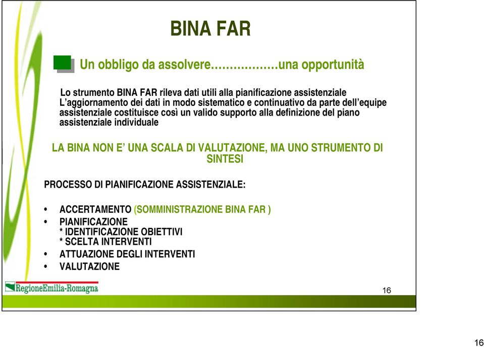 assistenziale individuale LA BINA NON E UNA SCALA DI VALUTAZIONE, MA UNO STRUMENTO DI SINTESI PROCESSO DI PIANIFICAZIONE ASSISTENZIALE: