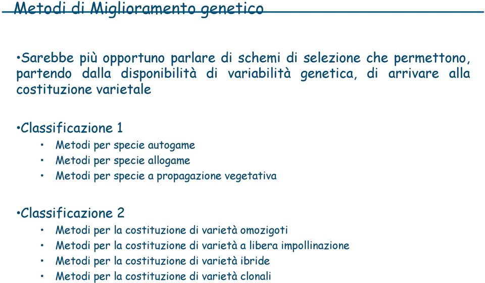 allogame Metodi per specie a propagazione vegetativa Classificazione 2 Metodi per la costituzione di varietà omozigoti Metodi per la