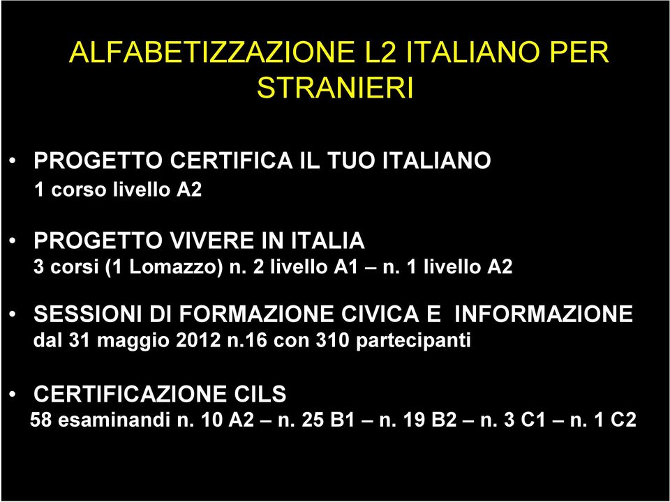 1 livello A2 SESSIONI DI FORMAZIONE CIVICA E INFORMAZIONE dal 31 maggio 2012 n.