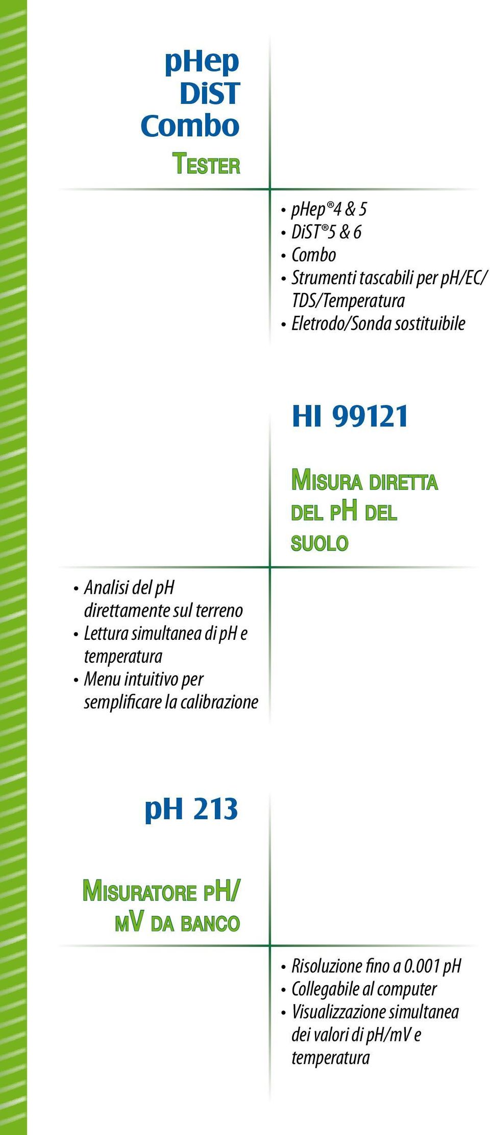 Lettura simultanea di ph e temperatura Menu intuitivo per semplificare la calibrazione ph 213 Misuratore ph/