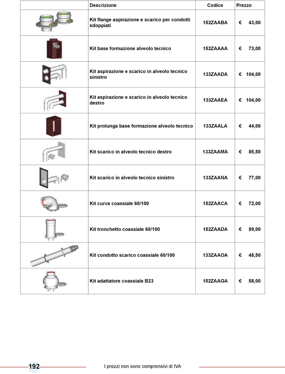 33ZAALA,00 Kit scarico in alveolo tecnico destro 33zAAmA 85,50 Kit scarico in alveolo tecnico sinistro 33zAAna 77,00 Kit curva coassiale 60/00 5ZAACA 7,00 Kit