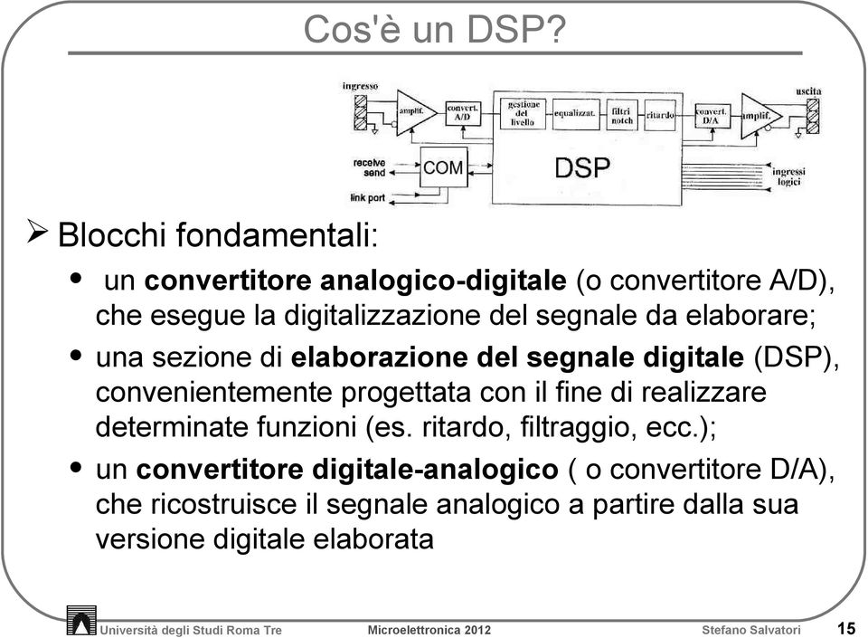 elaborare; una sezione di elaborazione del segnale digitale (DSP), convenientemente progettata con il fine di realizzare determinate