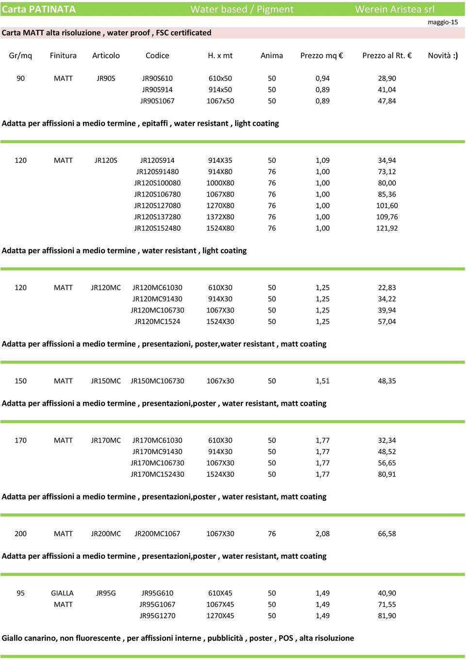 1000X80 76 1,00 80,00 JR120S106780 1067X80 76 1,00 85,36 JR120S127080 1270X80 76 1,00 101,60 JR120S137280 1372X80 76 1,00 109,76 JR120S152480 1524X80 76 1,00 121,92 Adatta per affissioni a medio