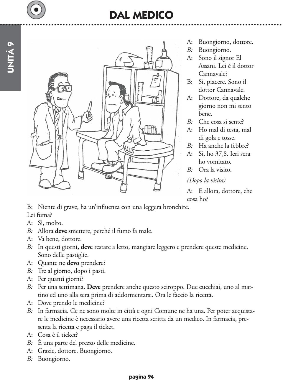 B: Niente di grave, ha un influenza con una leggera bronchite. Lei fuma? A: Sì, molto. B: Allora deve smettere, perché il fumo fa male. A: Va bene, dottore.