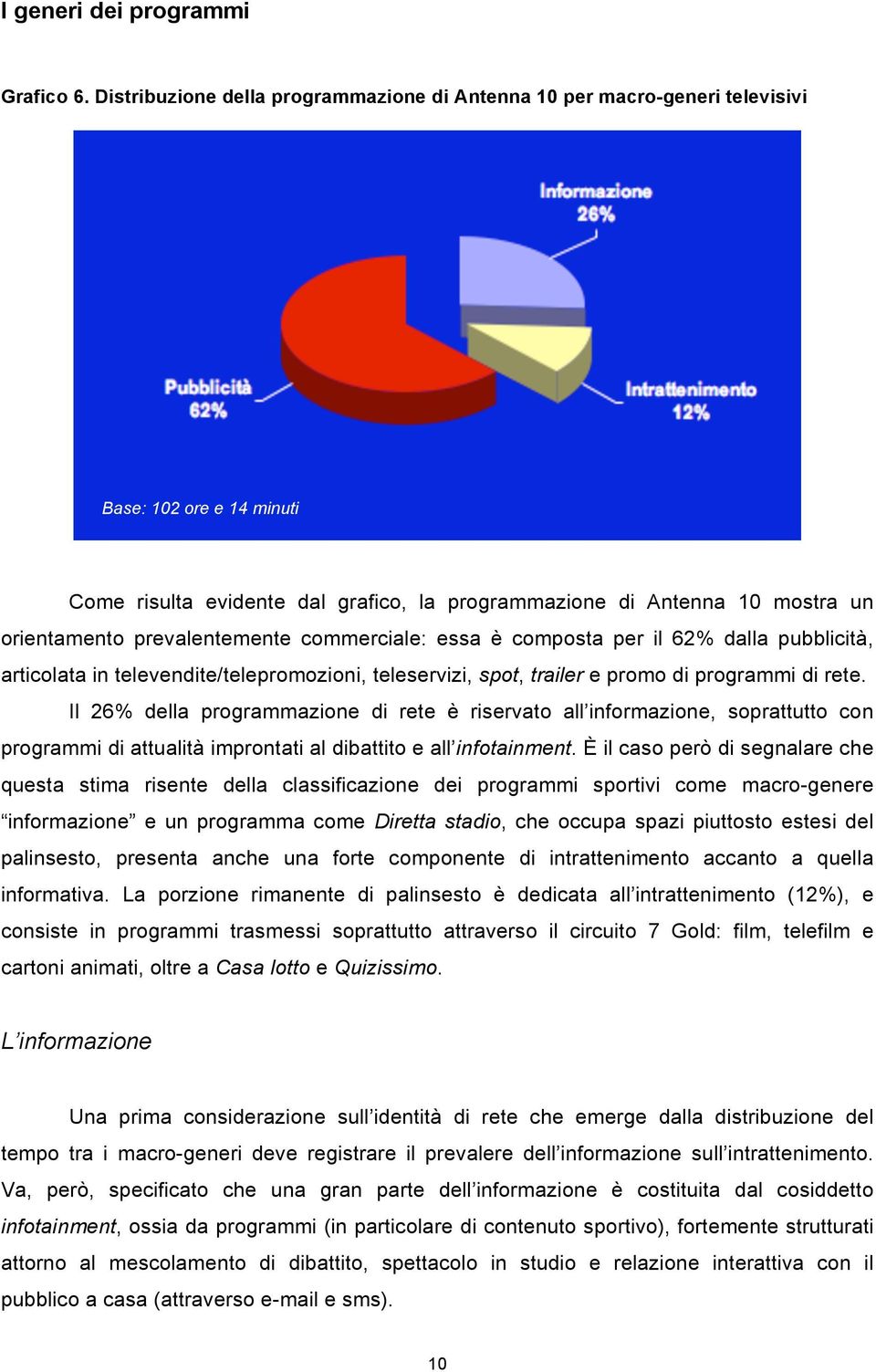 prevalentemente commerciale: essa è composta per il 62% dalla pubblicità, articolata in televendite/telepromozioni, teleservizi, spot, trailer e promo di programmi di rete.