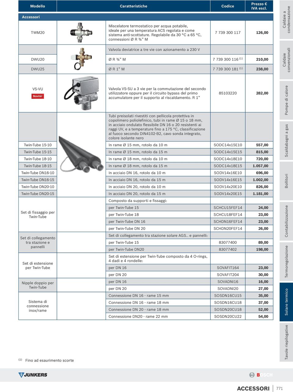 7 739 300 117 126,00 DWU20 Ø R ¾ M 7 739 300 116 210,00 DWU25 Ø R 1 M 7 739 300 181 238,00 Caldaie a condensazione Caldaie convenzionali VS-VU Valvola VS-SU a 3 vie per la commutazione del secondo