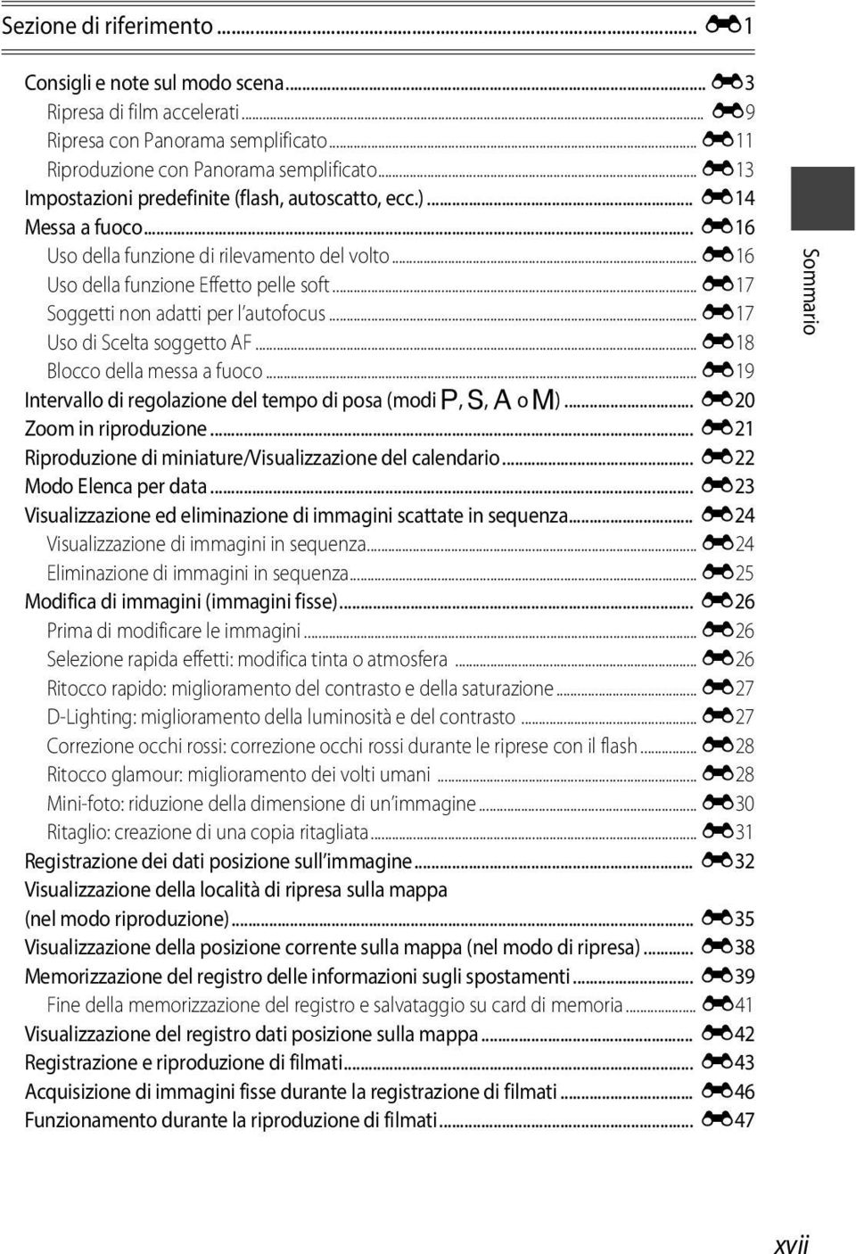 .. E17 Soggetti non adatti per l autofocus... E17 Uso di Scelta soggetto AF... E18 Blocco della messa a fuoco... E19 Intervallo di regolazione del tempo di posa (modi A, B, C o D).