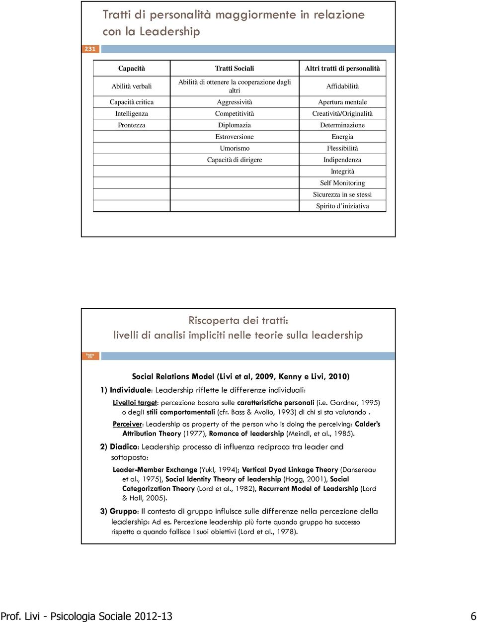 Indipendenza Integrità Self Monitoring Sicurezza in se stessi Spirito d iniziativa Riscoperta dei tratti: livelli di analisi impliciti nelle teorie sulla leadership Pagina 232 Social Relations Model