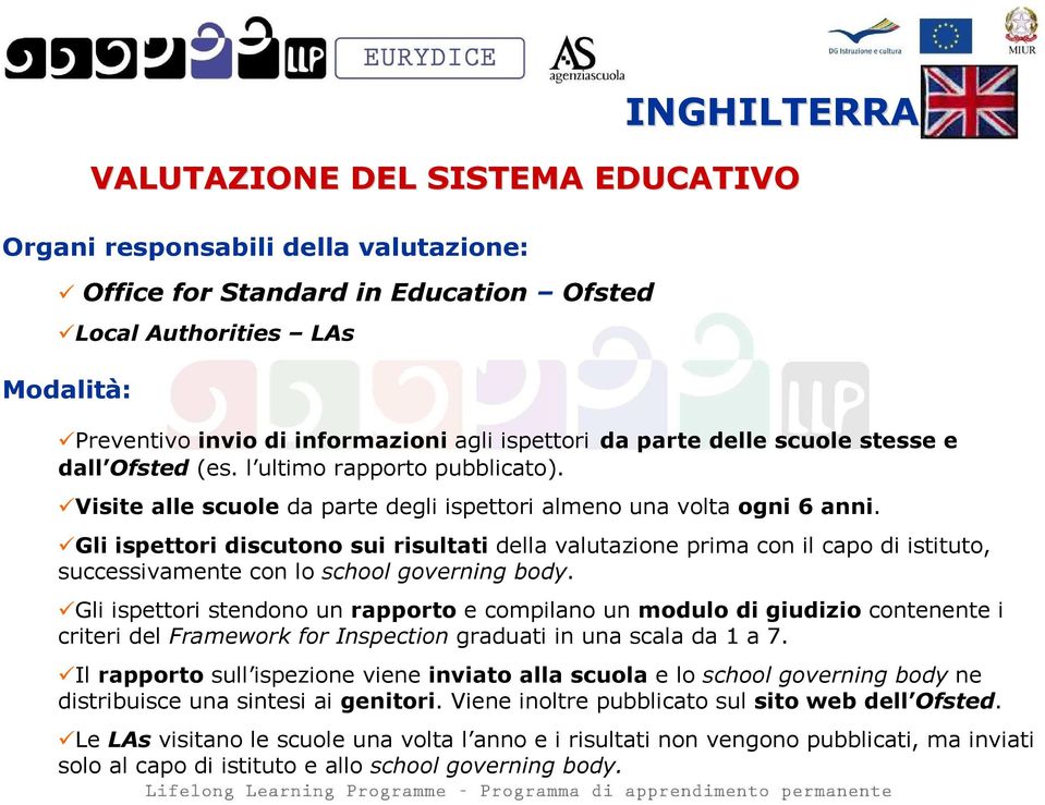 Gli ispettori discutono sui risultati della valutazione prima con il capo di istituto, successivamente con lo school governing body.