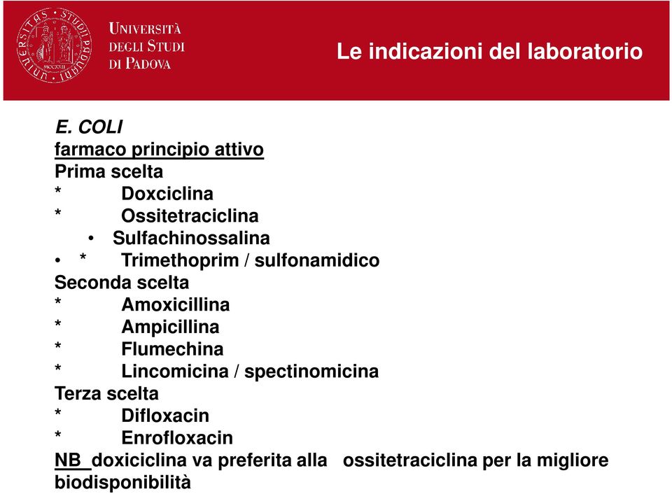 sulfonamidico Seconda scelta * Amoxicillina * Ampicillina * Flumechina * Lincomicina / spectinomicina Terza