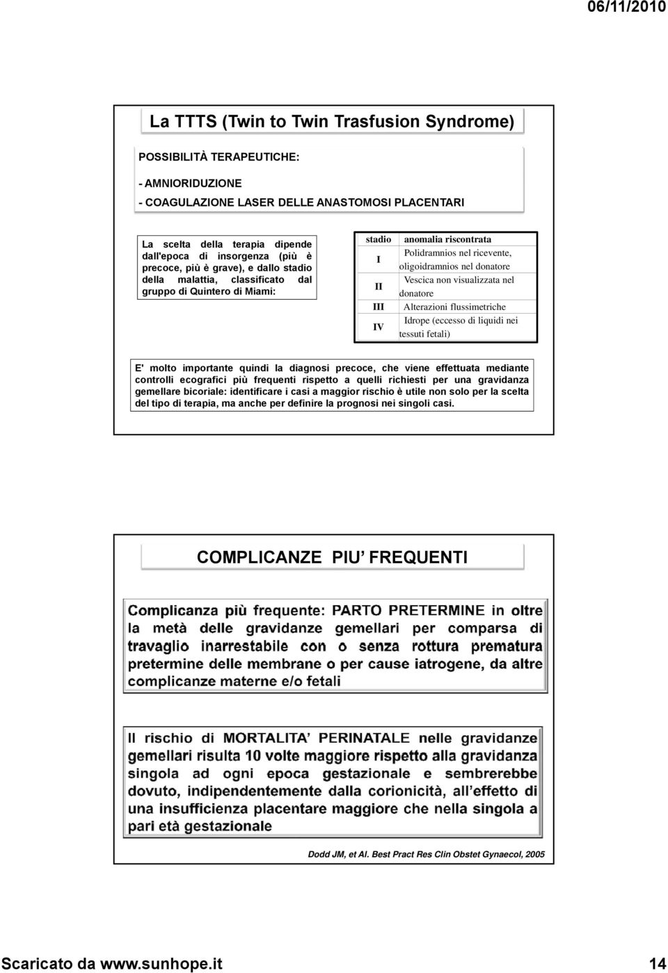 Vescica non visualizzata nel donatore Alterazioni flussimetriche Idrope (eccesso di liquidi nei tessuti fetali) E' molto importante quindi la diagnosi precoce, che viene effettuata mediante controlli