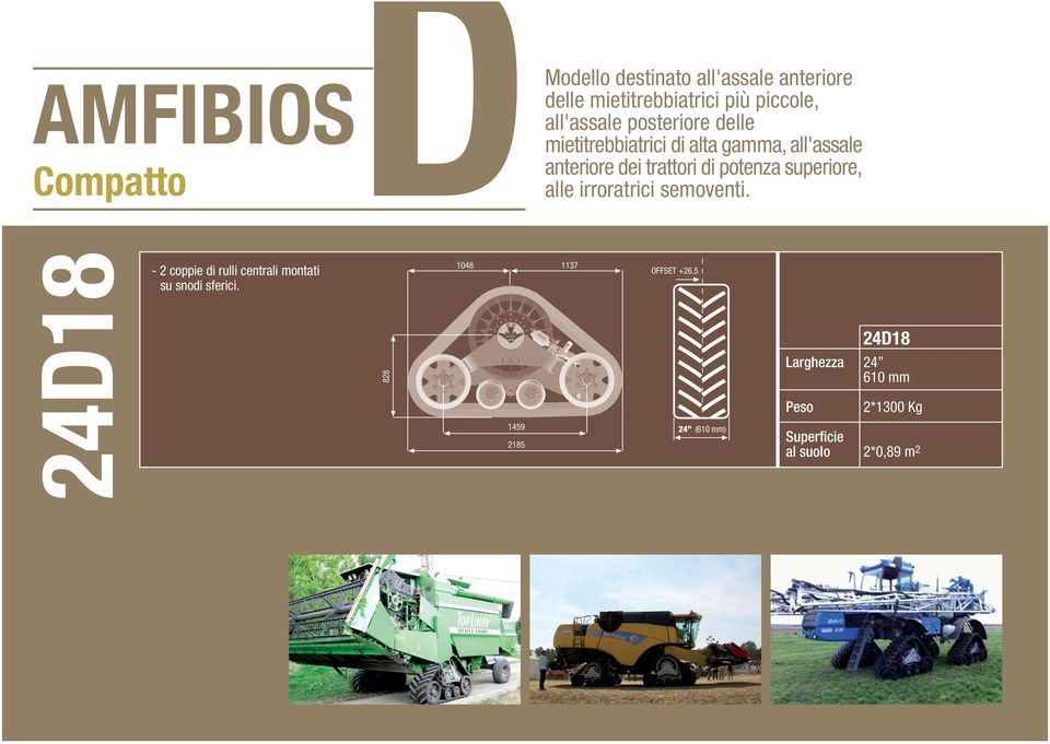 potenza superiore, alle irroratrici semoventi. 24D18-2 coppie di rulli centrali montati su snodi sferici.