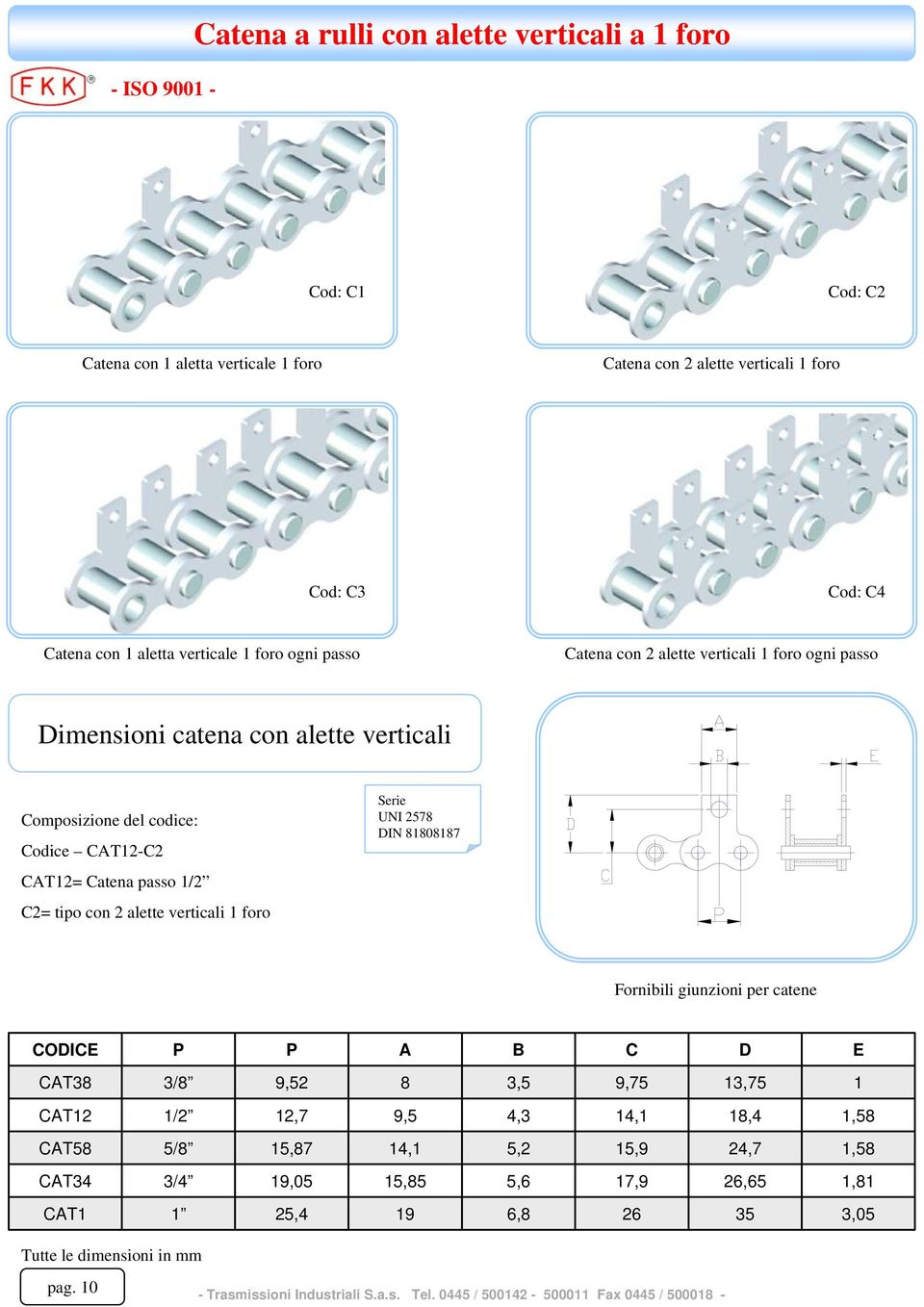 CT12= Catena passo 1/2 C2= tipo con 2 alette verticali 1 foro IN 81808187 Fornibili giunzioni per catene COICE P P B C E CT38 3/8 9,52 8 3,5 9,75 13,75 1 CT12 1/2