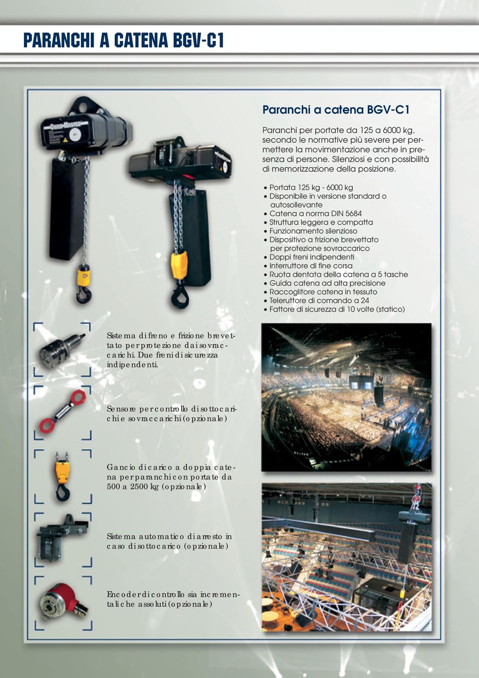 Portata 125 kg - 6000 kg Disponibile in versione standard o autosollevante Catena a norma DIN 5684 Struttura leggera e compatta Funzionamento silenzioso Dispositivo a frizione brevettato per