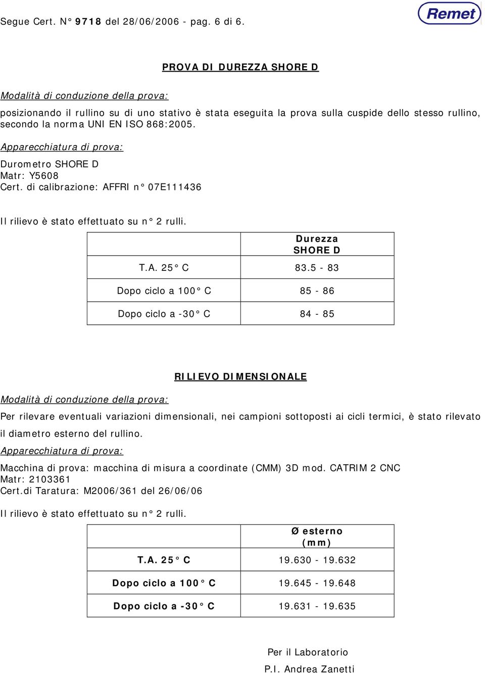 868:2005. Apparecchiatura di prova: Durometro SHORE D Matr: Y5608 Cert. di calibrazione: AFFRI n 07E111436 Il rilievo è stato effettuato su n 2 rulli. Durezza SHORE D T.A. 25 C 83.