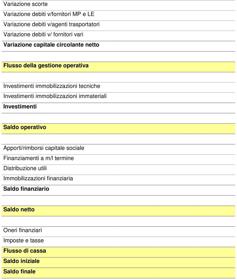 immobilizzazioni immateriali Investimenti Saldo operativo Apporti/rimborsi capitale sociale Finanziamenti a m/l termine