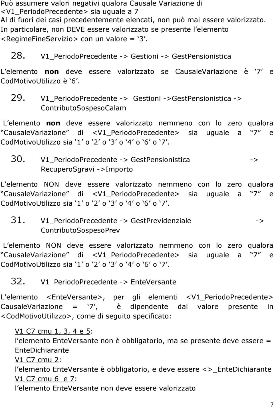 V1_PeriodoPrecedente -> Gestioni -> GestPensionistica L elemento non deve essere valorizzato se CausaleVariazione è 7 e CodMotivoUtilizzo è 6. 29.