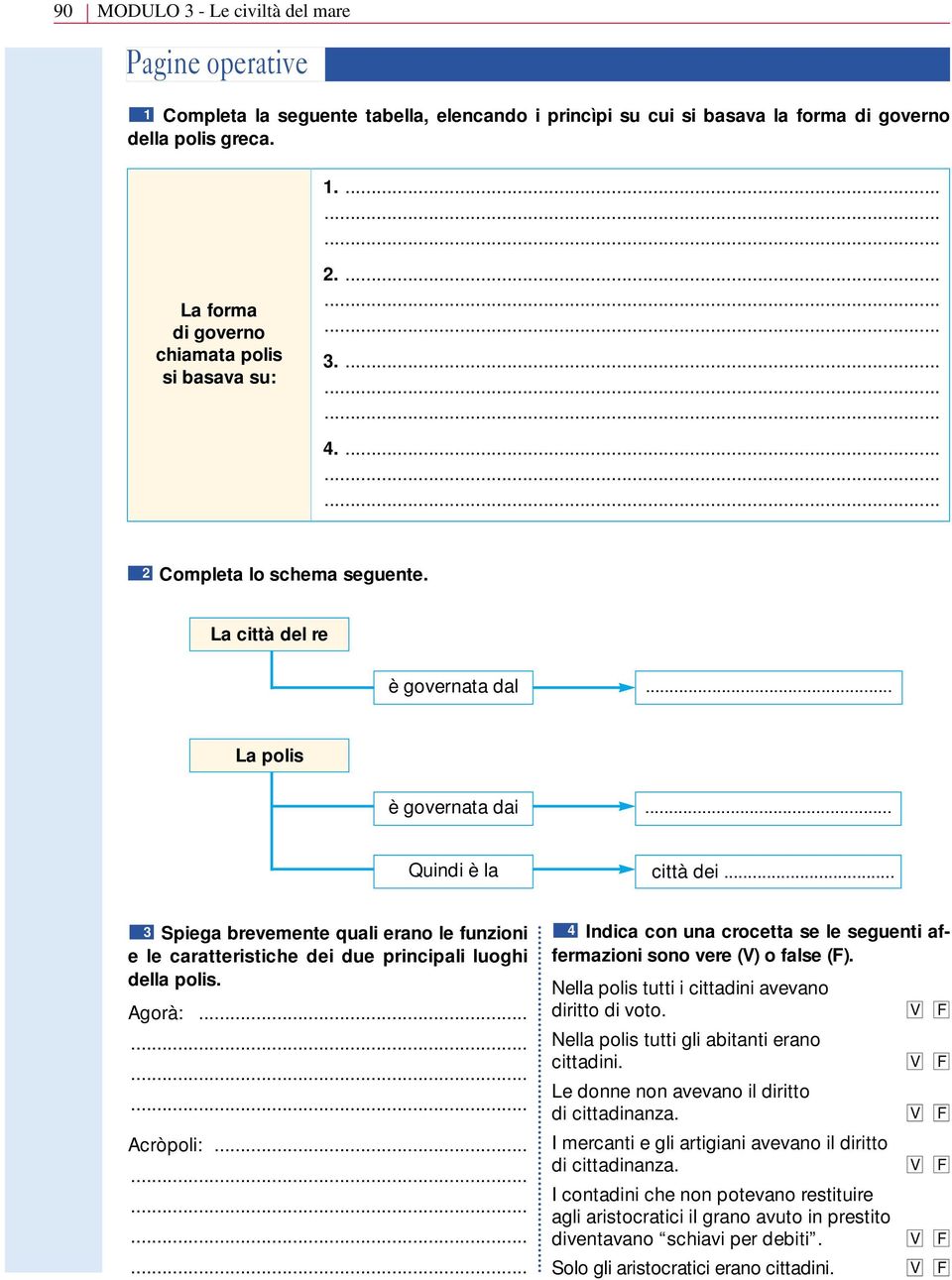 .. 3 Spiega brevemente quali erano le funzioni 4 Indica con una crocetta se le seguenti affermazioni e le caratteristiche dei due principali luoghi della polis. sono vere (V) o false (F).