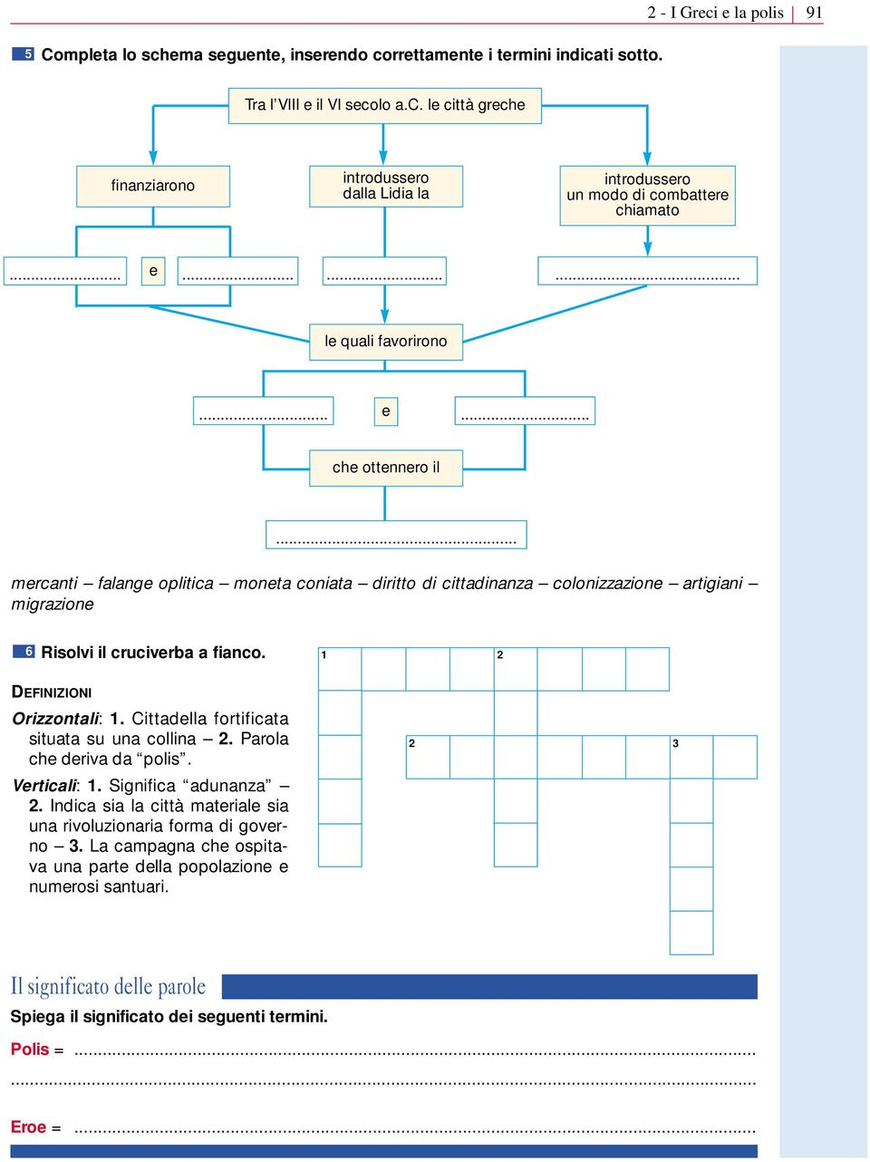 1 2 DEFINIZIONI Orizzontali: 1. Cittadella fortificata situata su una collina 2. Parola che deriva da polis. Verticali: 1. Significa adunanza 2.