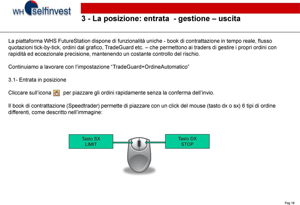 Continuiamo a lavorare con l impostazione TradeGuard+OrdineAutomatico 3.1- Entrata in posizione Cliccare sull icona per piazzare gli ordini rapidamente senza la conferma dell invio.